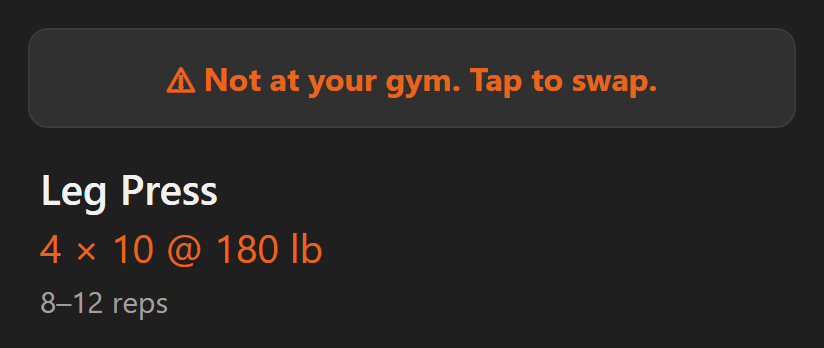 The active workout with a Not at your gym, tap to swap banner above the Leg Press exercise