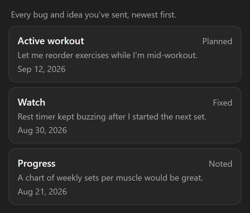 The Your suggestions list, with three reports marked Planned, Fixed and Noted