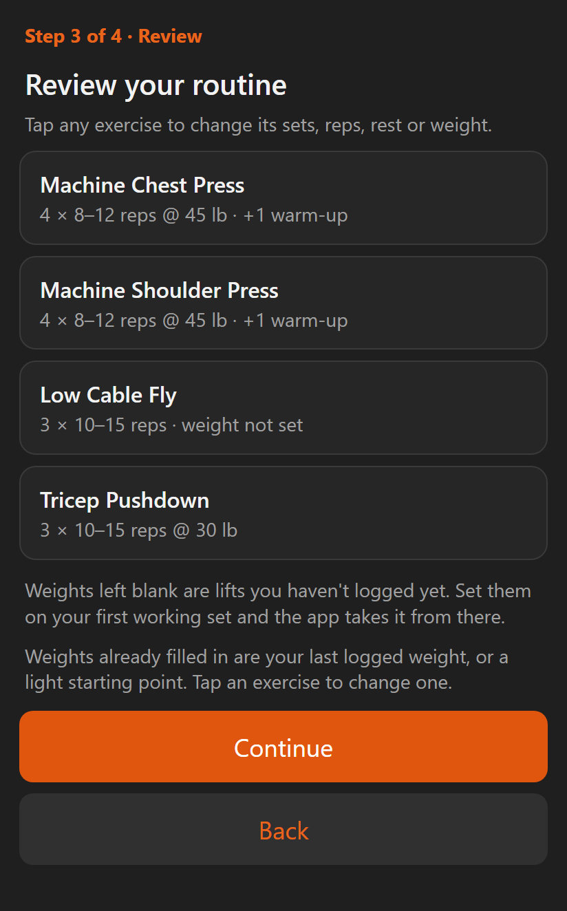 Step 3 of the routine builder, listing each exercise with its sets, reps and weight, one marked weight not set