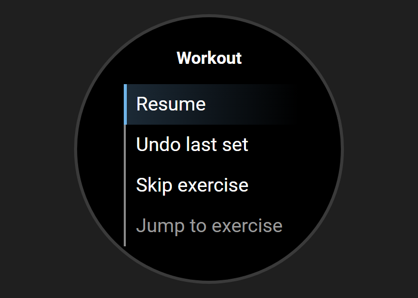 The top of the workout menu on the watch: Resume, Undo last set, Skip exercise, with Jump to exercise below