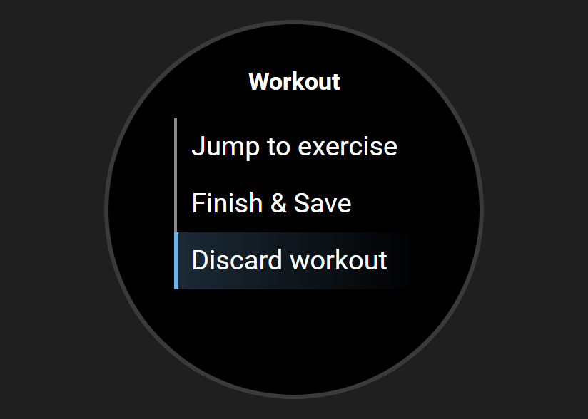 The bottom of the workout menu on the watch: Jump to exercise, Finish and Save, Discard workout