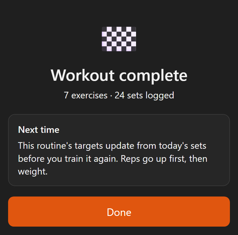 The workout summary: Workout complete, 7 exercises and 24 sets logged, a Next time card, and a Done button