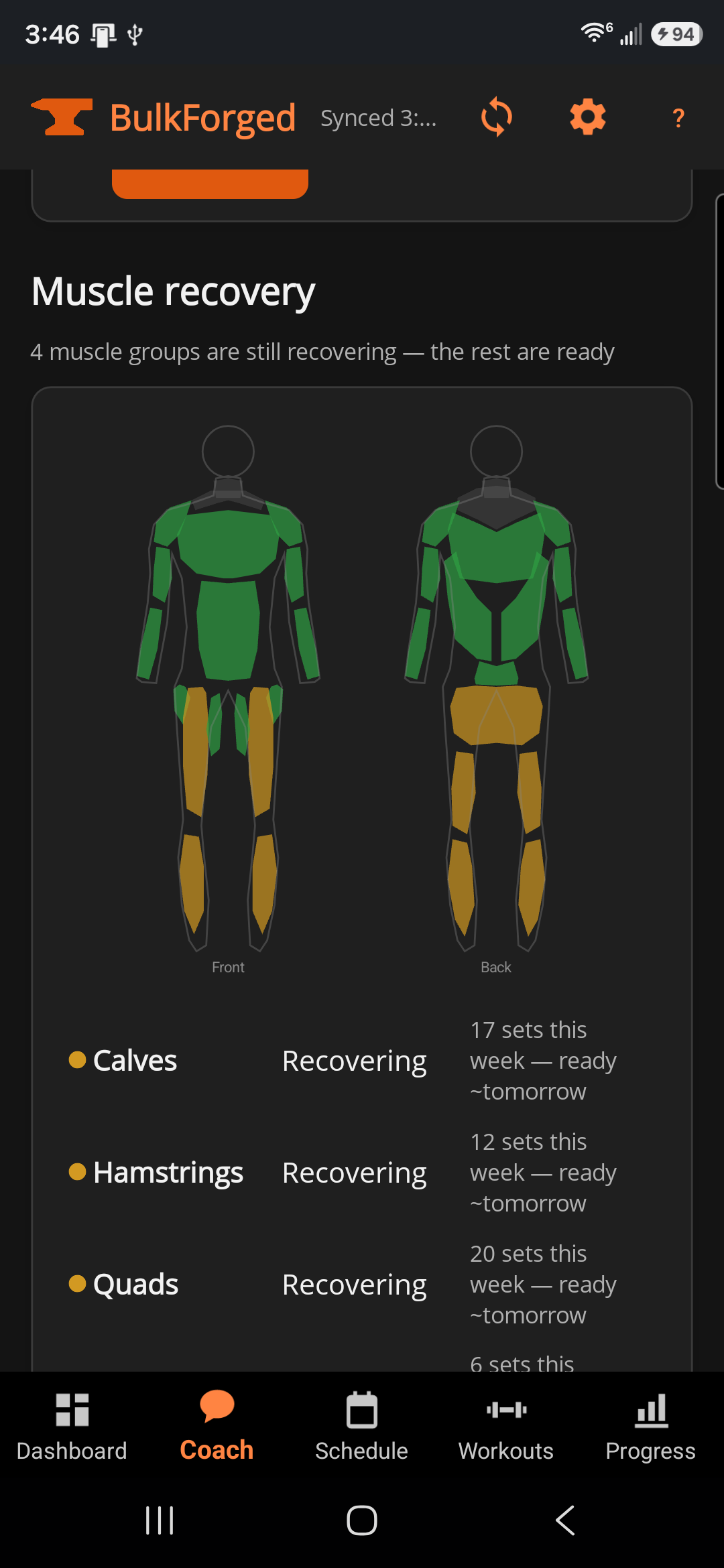The muscle recovery map, with recovered muscles in green and recovering ones in amber