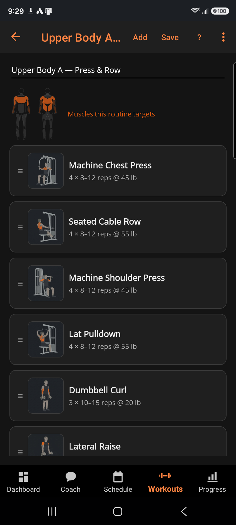 Routine detail — exercise list