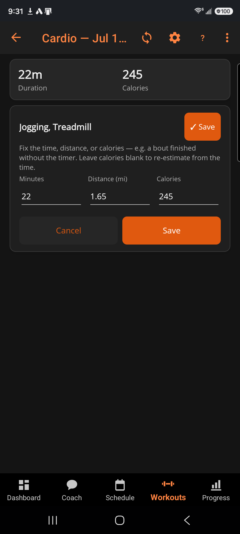 Editing an exercise's sets on the session detail page