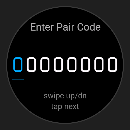 The pairing-code screen on a watch with no up or down button, with the hints swipe up/dn and tap next