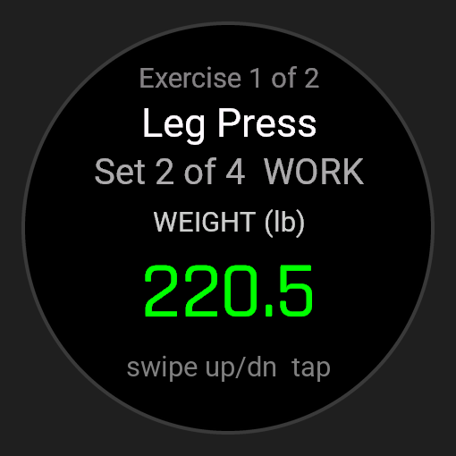 The weight screen on a watch with no up or down button: 220.5 lb, with the hint swipe up/dn tap below it