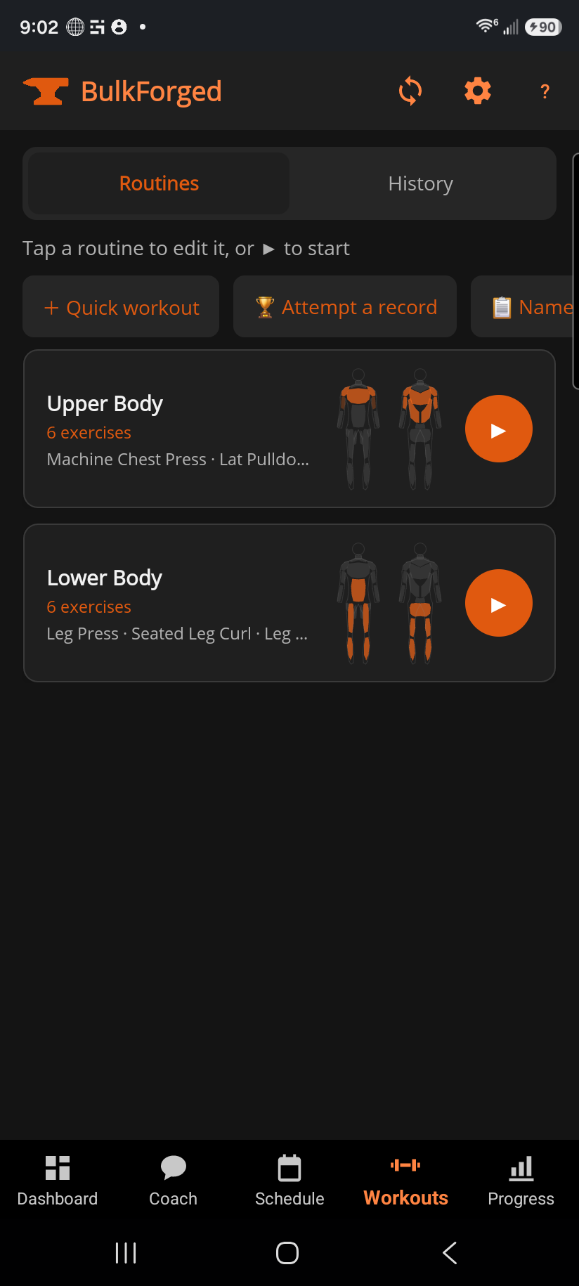 Workouts — Routines list