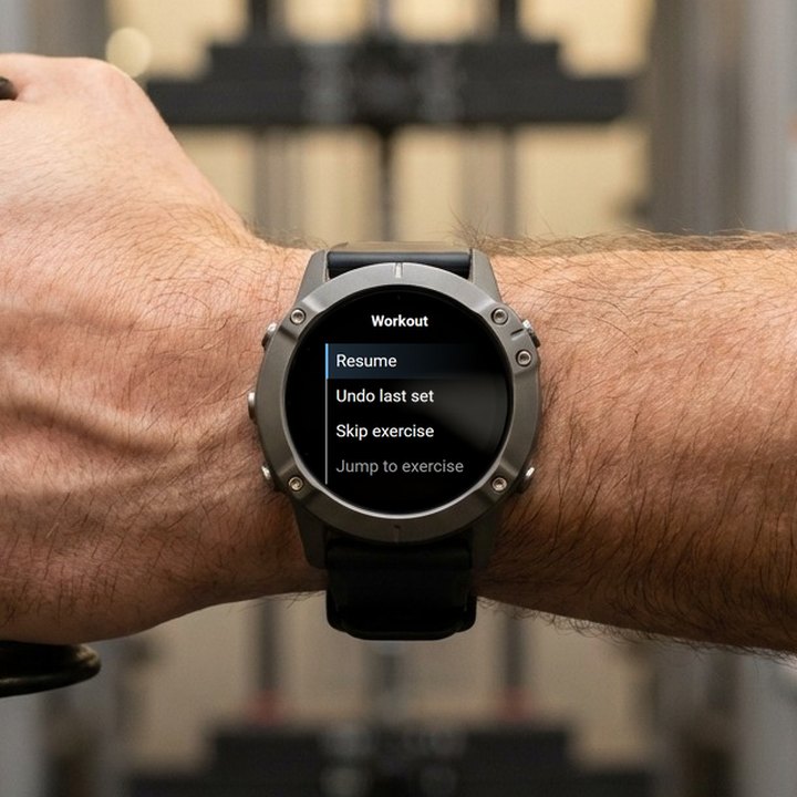 A lifter's fist and forearm at a cable machine. The watch shows BulkForged's workout menu: Resume, Undo last set, Skip exercise.