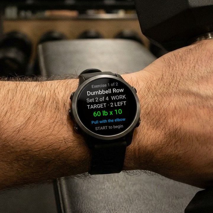 A lifter's forearm over a weight bench, with dumbbells behind. The thin-bezel sports watch shows BulkForged's next set: Dumbbell Row, set 2 of 4, 60 lb for 10 reps.