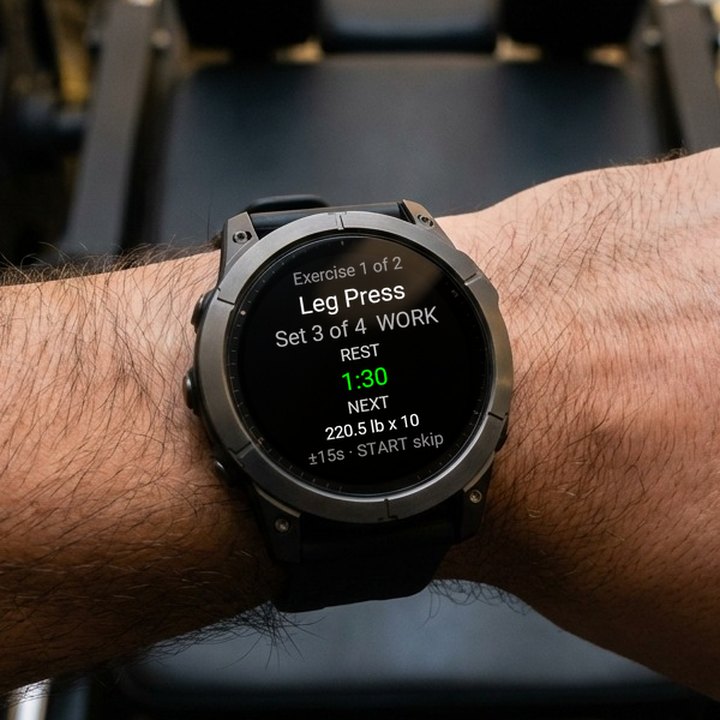 A lifter's hand on a leg press side handle between sets. The watch shows BulkForged's rest timer at 1:30, with the next leg press set below it.