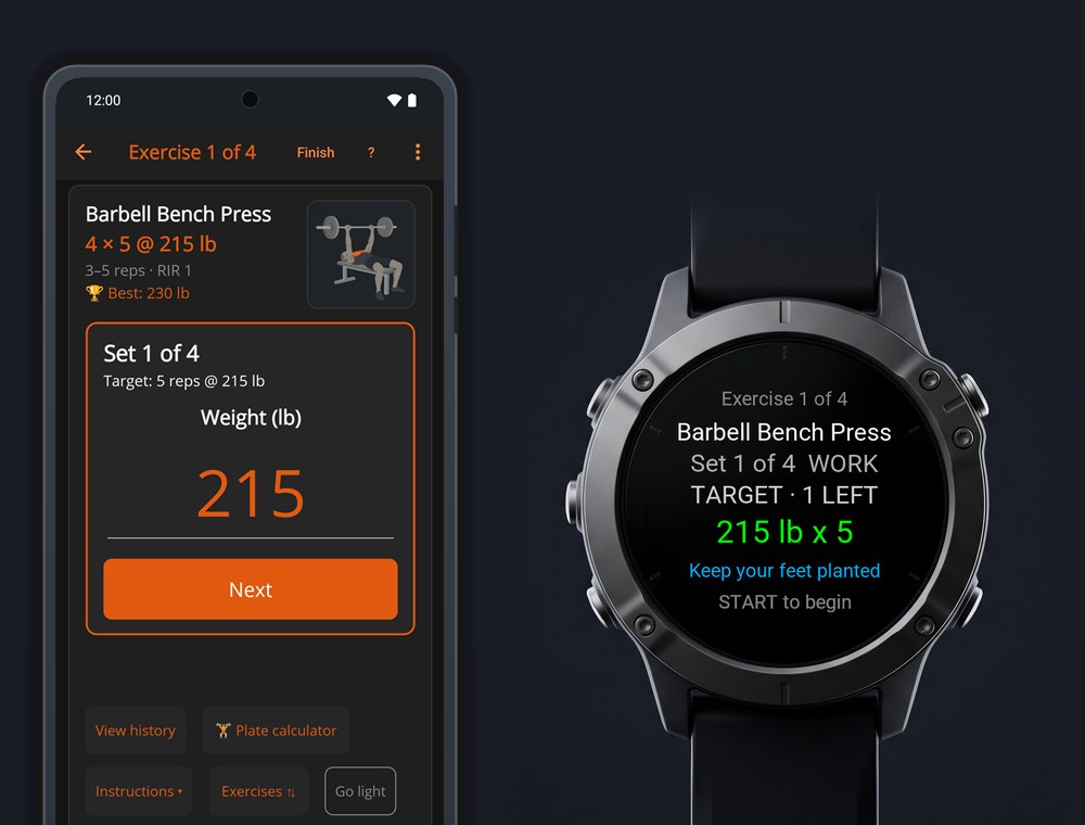 BulkForged on a phone and on a watch, both showing the same set: Barbell Bench Press, set 1 of 4, 215 lb for 5 reps.
