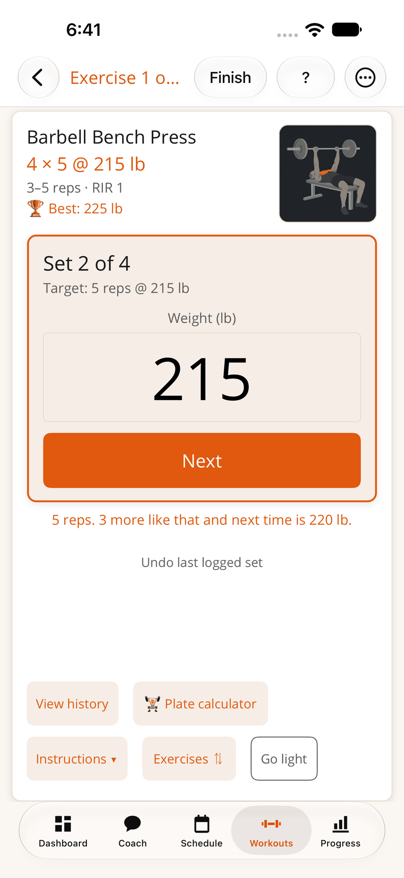 The BulkForged app on an iPhone, mid-workout: Barbell Bench Press, set 2 of 4, a target of 5 reps at 215 lb. Under the set it reads "5 reps. 3 more like that and next time is 220 lb."