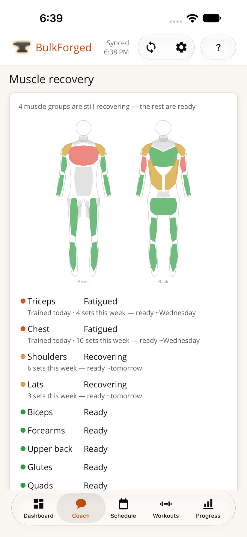 The muscle recovery map on an iPhone: chest and triceps fatigued, shoulders and lats recovering, every other muscle ready