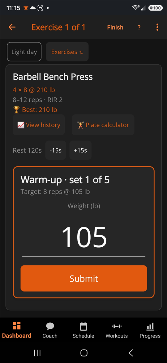 A workout in progress. The exercise card reads "Barbell Bench Press, 4 × 8 @ 210 lb, 8–12 reps · RIR 2, Best: 210 lb", above a set entry reading "Warm-up · set 1 of 5 — Target: 8 reps @ 105 lb" with a Submit button.