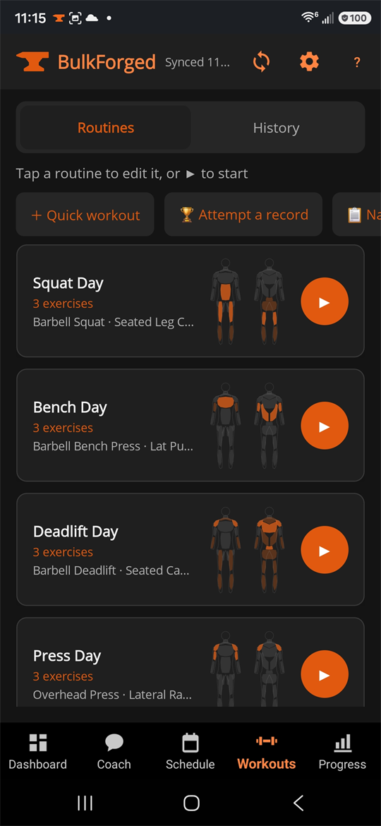 A list of routines — Squat Day, Bench Day, Deadlift Day, Press Day — each with a body silhouette showing in orange which muscles that routine trains, and a play button to start it.