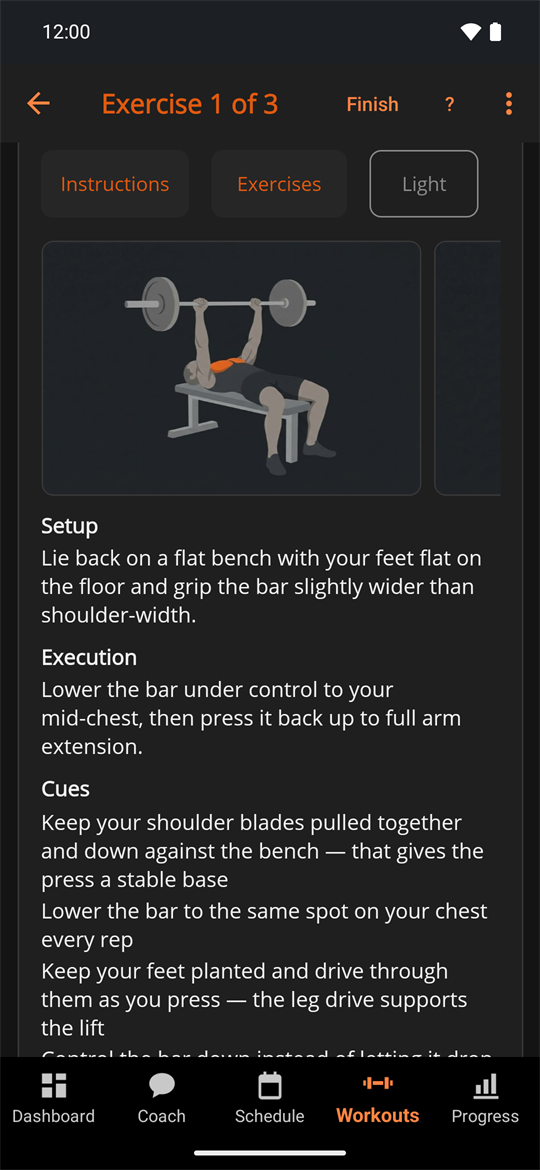The Instructions panel open during a workout: a drawing of the barbell bench press, then Setup, Execution and Cues text for the lift, starting with keeping the shoulder blades pulled together and down against the bench.